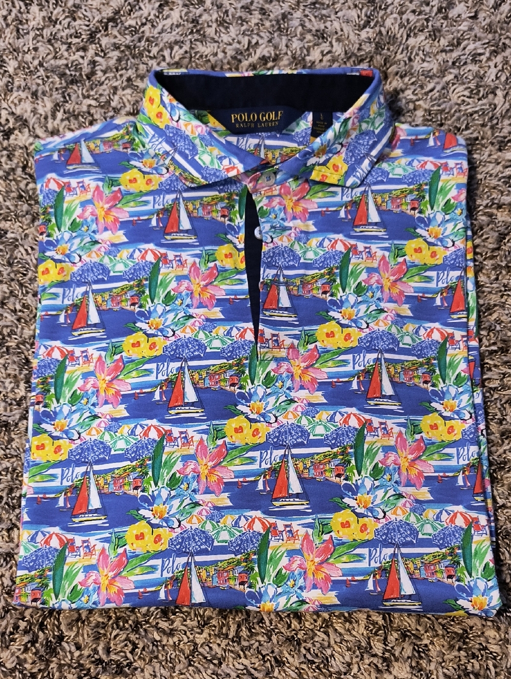 Ralph Lauren Polo Golf Multicolor Tropical Sailboat Print Polo